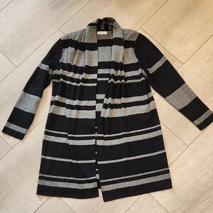 Calvin Klein Hip Length Black and Gray Striped Women's Open Front Sweater
